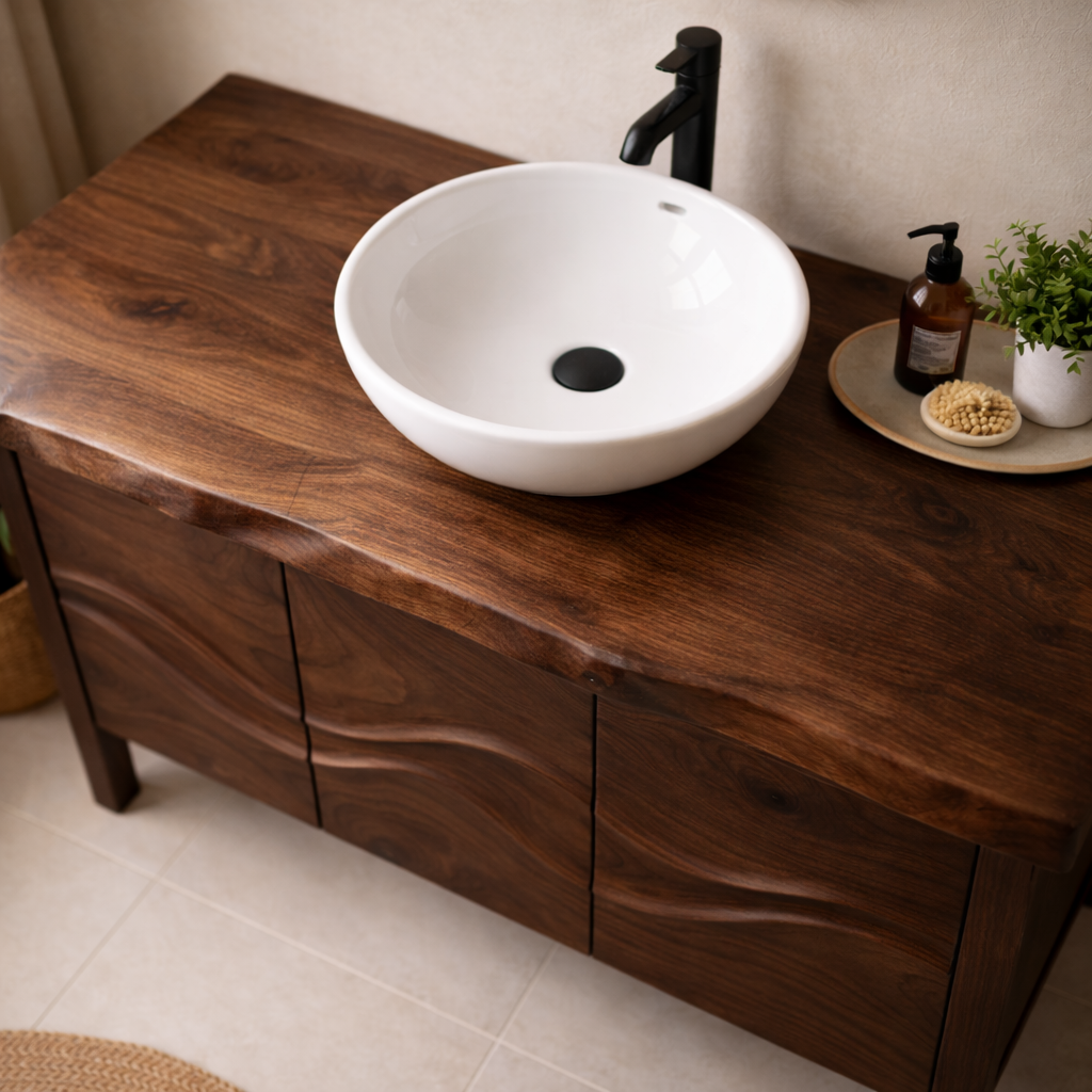 Solid Wood Bathroom Vanity with Sculpted Wave Front & Live Edge Top