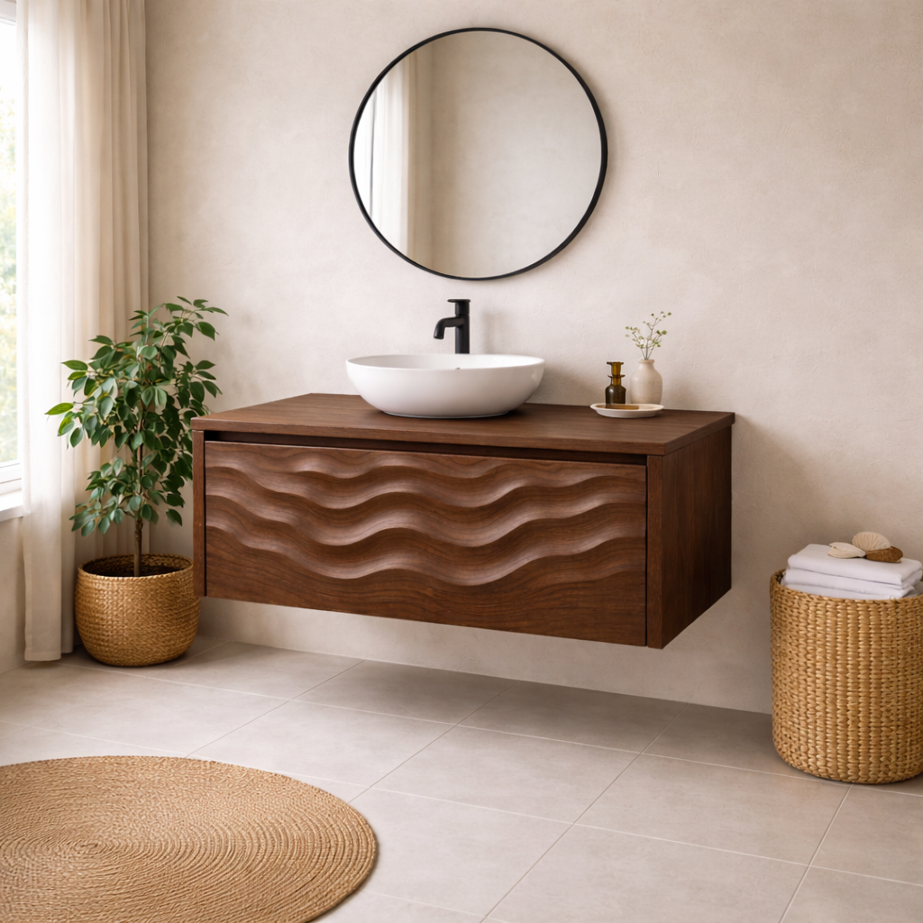Floating Solid Wood Bathroom Vanity with Sculpted Wave Front