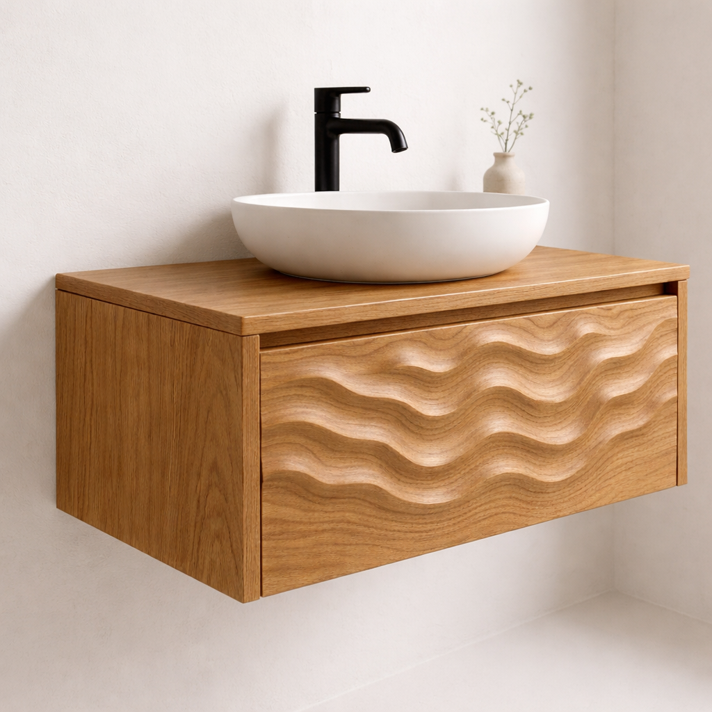Floating Solid Wood Bathroom Vanity with Sculpted Wave Front