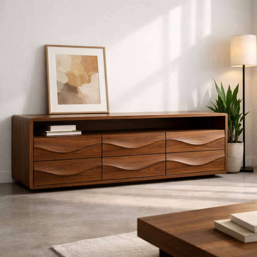 Solid Wood Console Table with Low Profile and Sculptural Wave Drawers