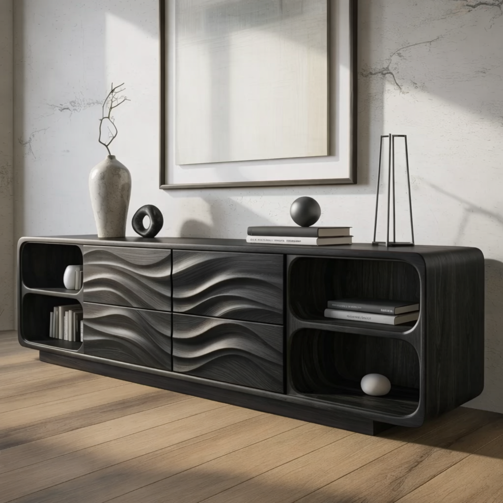 Solid Wood Console Table with Wave Carved Drawers and Open Shelf Design