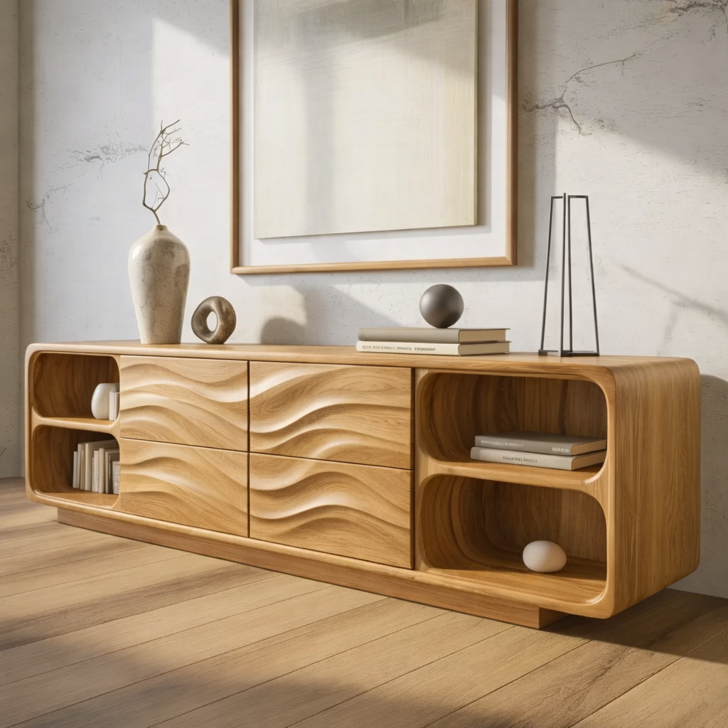 Solid Wood Console Table with Wave Carved Drawers and Open Shelf Design