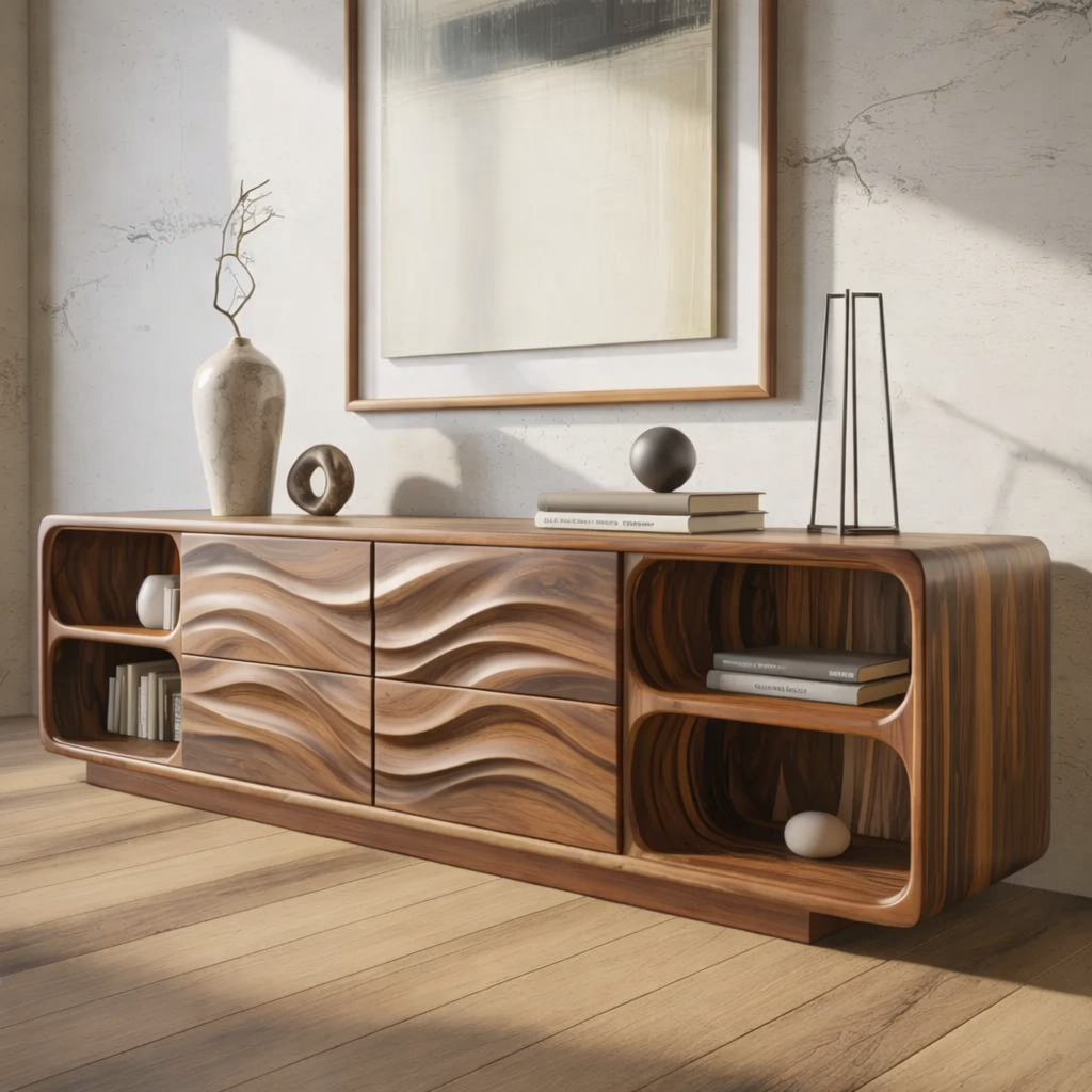 Solid Wood Console Table with Wave Carved Drawers and Open Shelf Design