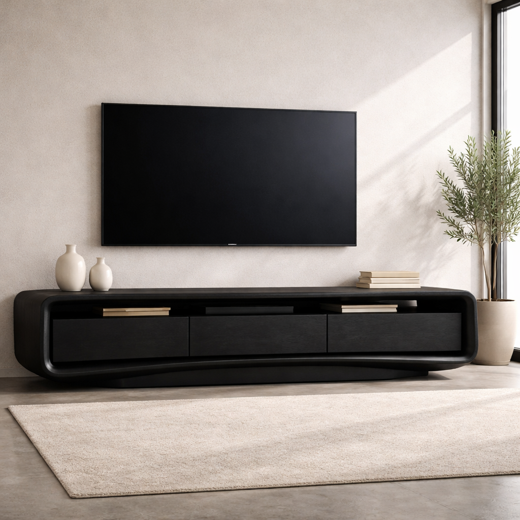 Solid Wood Curved TV Stand with Storage Drawers for Modern Living Room