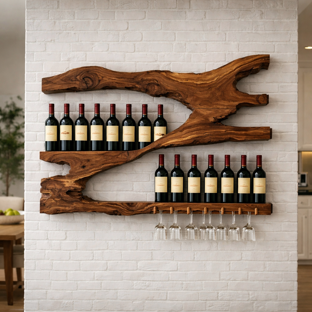 Live Edge Solid Wood Wine Rack Wall Shelf with Glass Holder