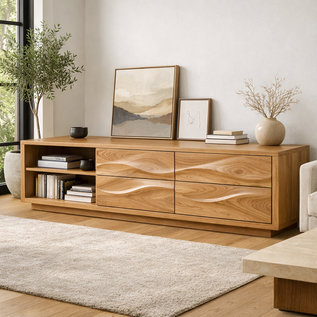 Solid Wood Wave Drawer TV Stand with Open Shelf for Modern Living Room