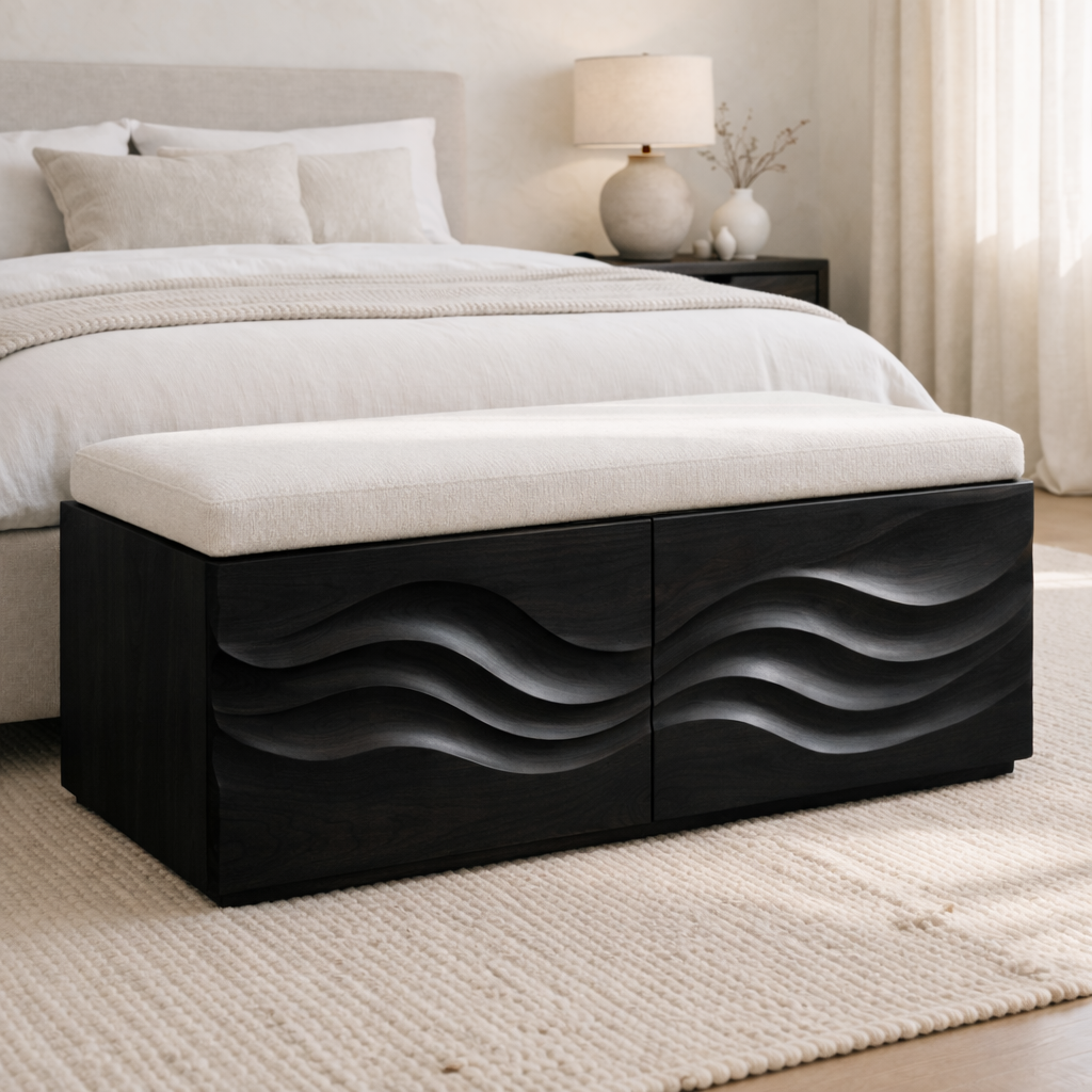 Solid Wood Storage Bench with Wave Carved Front for Bedroom or Entryway