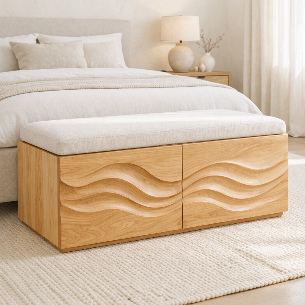 Solid Wood Storage Bench with Wave Carved Front for Bedroom or Entryway