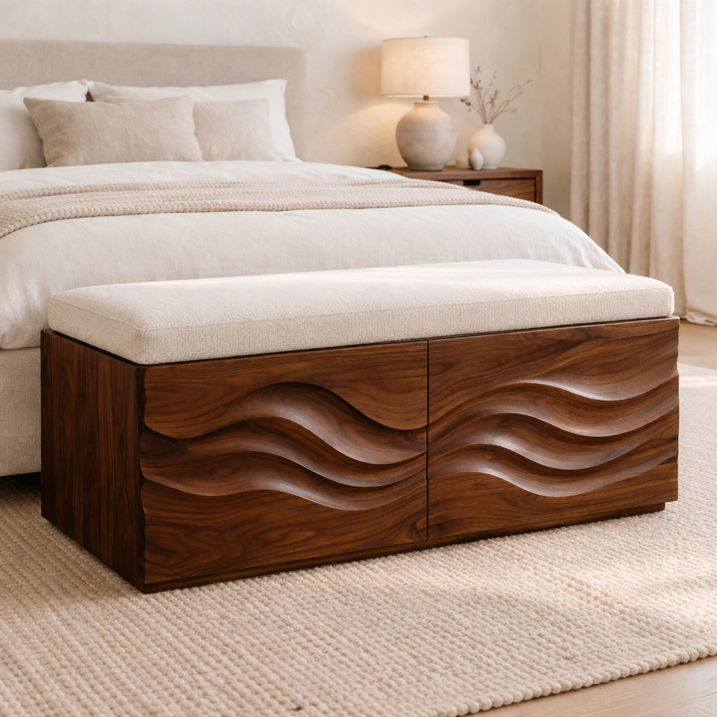 Solid Wood Storage Bench with Wave Carved Front for Bedroom or Entryway