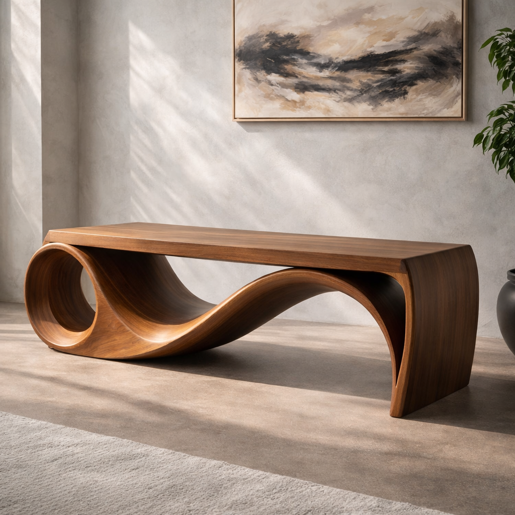 Solid Wood Sculptural Bench with Curved Wave Base Modern Design