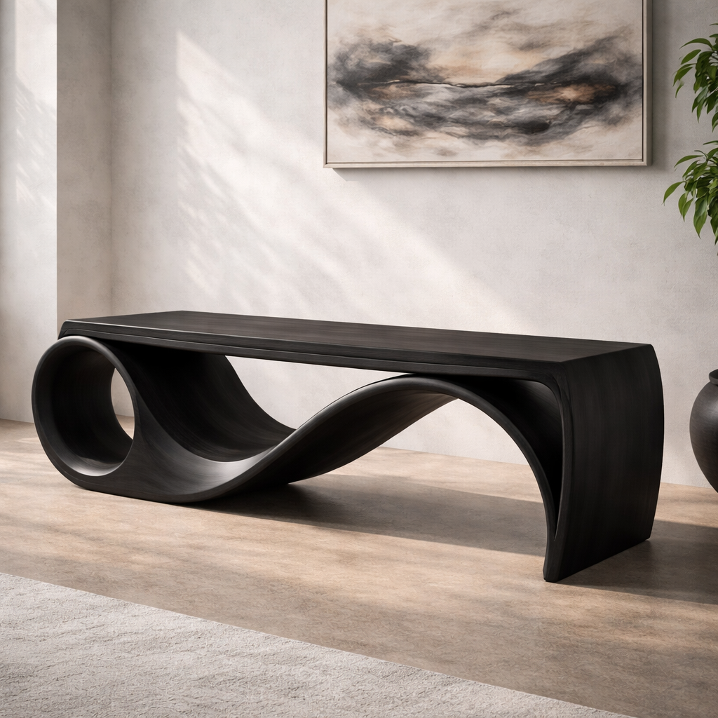Solid Wood Sculptural Bench with Curved Wave Base Modern Design
