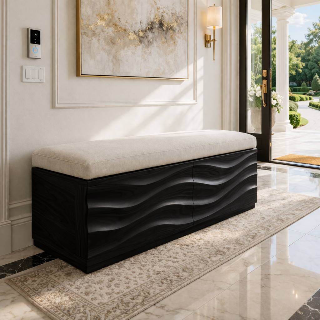 Solid Wood Storage Bench with Upholstered Top and Wave Carved Design