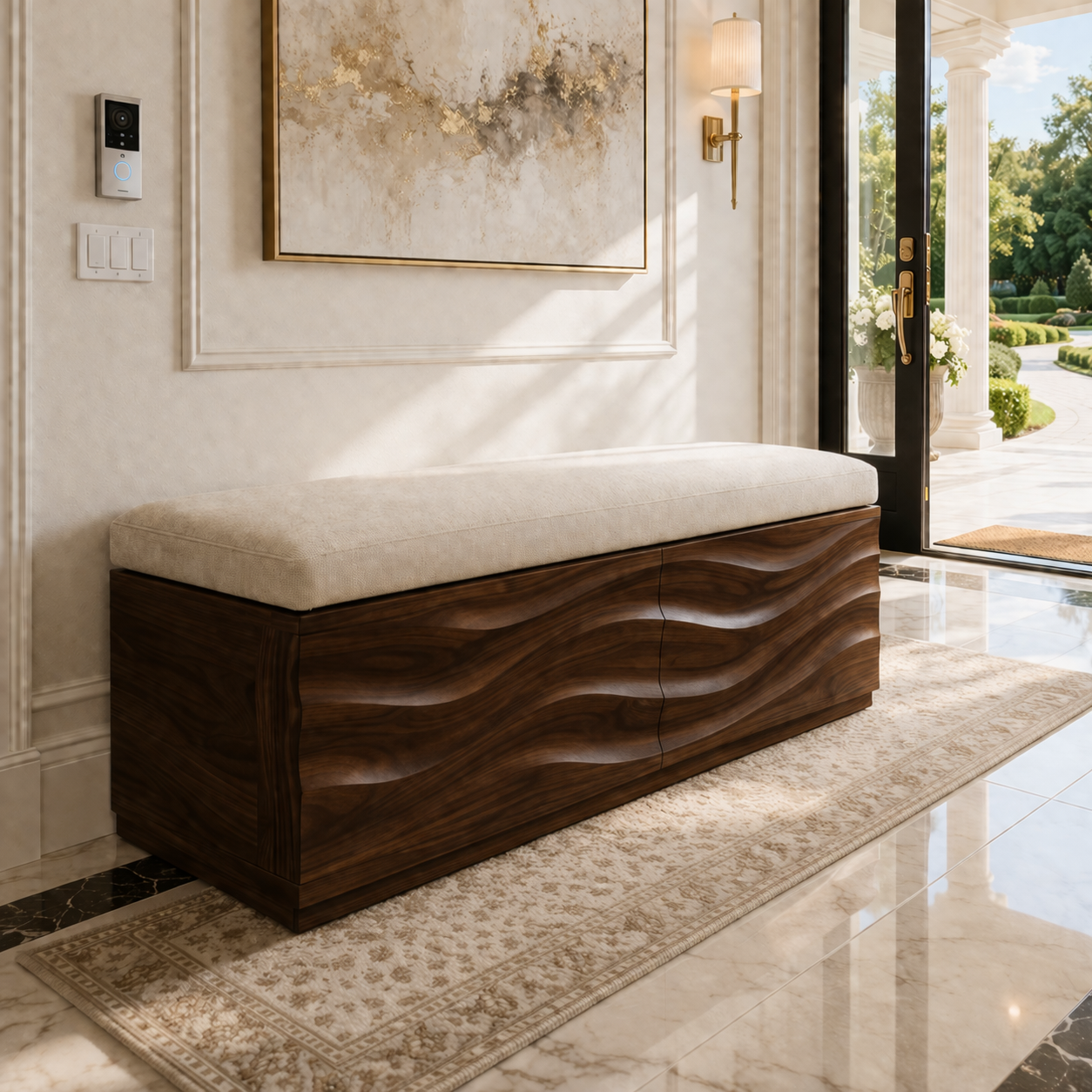 Solid Wood Storage Bench with Upholstered Top and Wave Carved Design