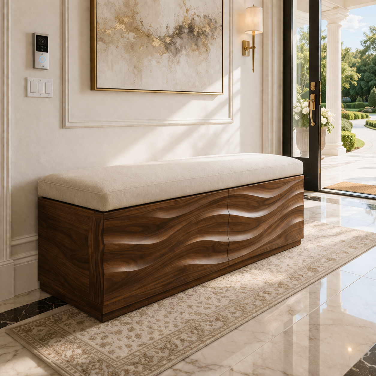 Solid Wood Storage Bench with Upholstered Top and Wave Carved Design