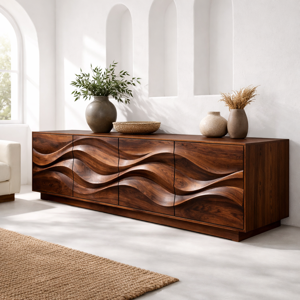 Solid Wood Wave Front TV Stand with Spacious Storage for Modern Living