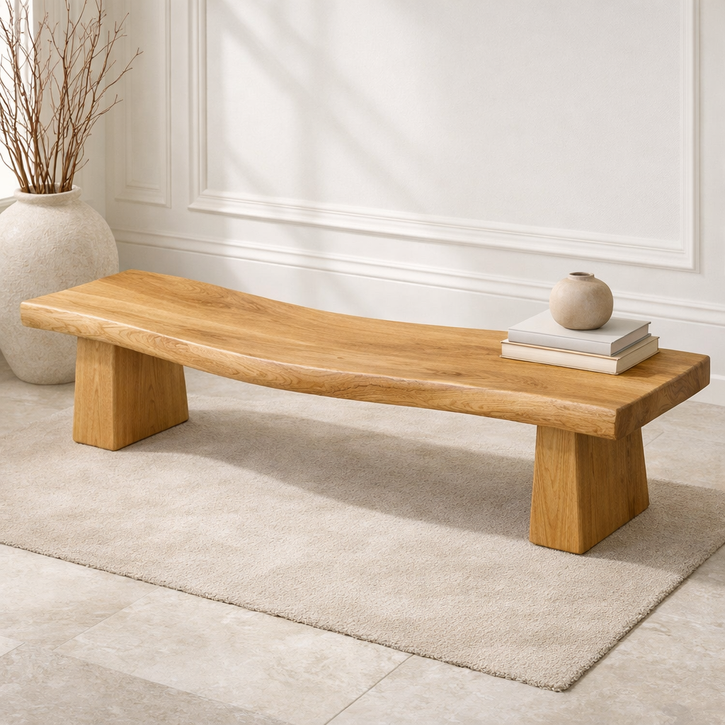 Handcrafted Solid Wood Curved Bench with Sculptural Pedestal Legs