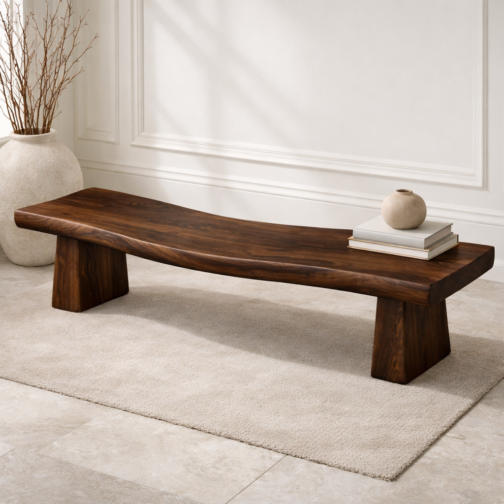 Handcrafted Solid Wood Curved Bench with Sculptural Pedestal Legs