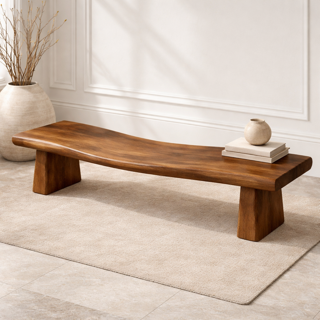 Handcrafted Solid Wood Curved Bench with Sculptural Pedestal Legs