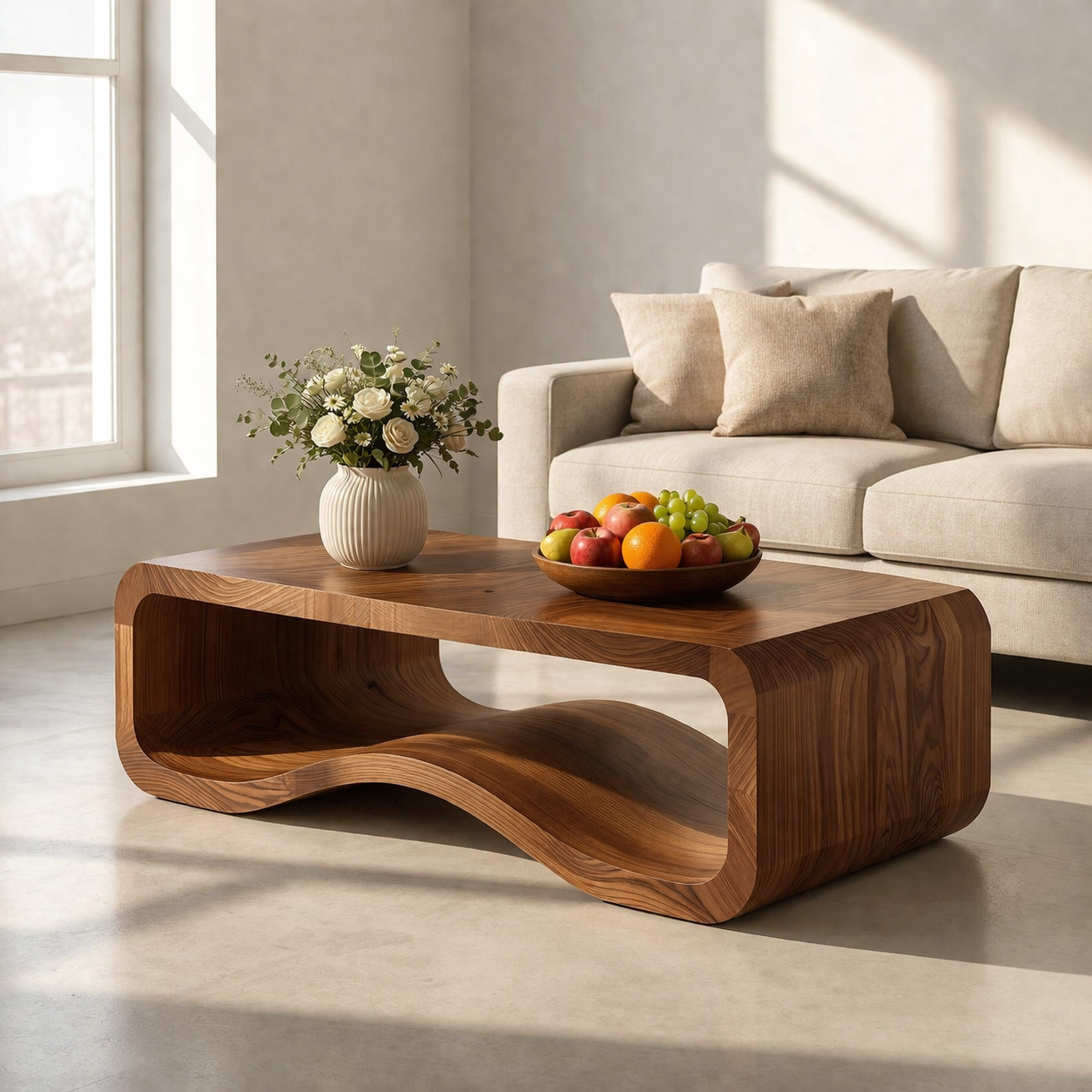 Solid Wood Sculptural Coffee Table with Open Curved Shelf