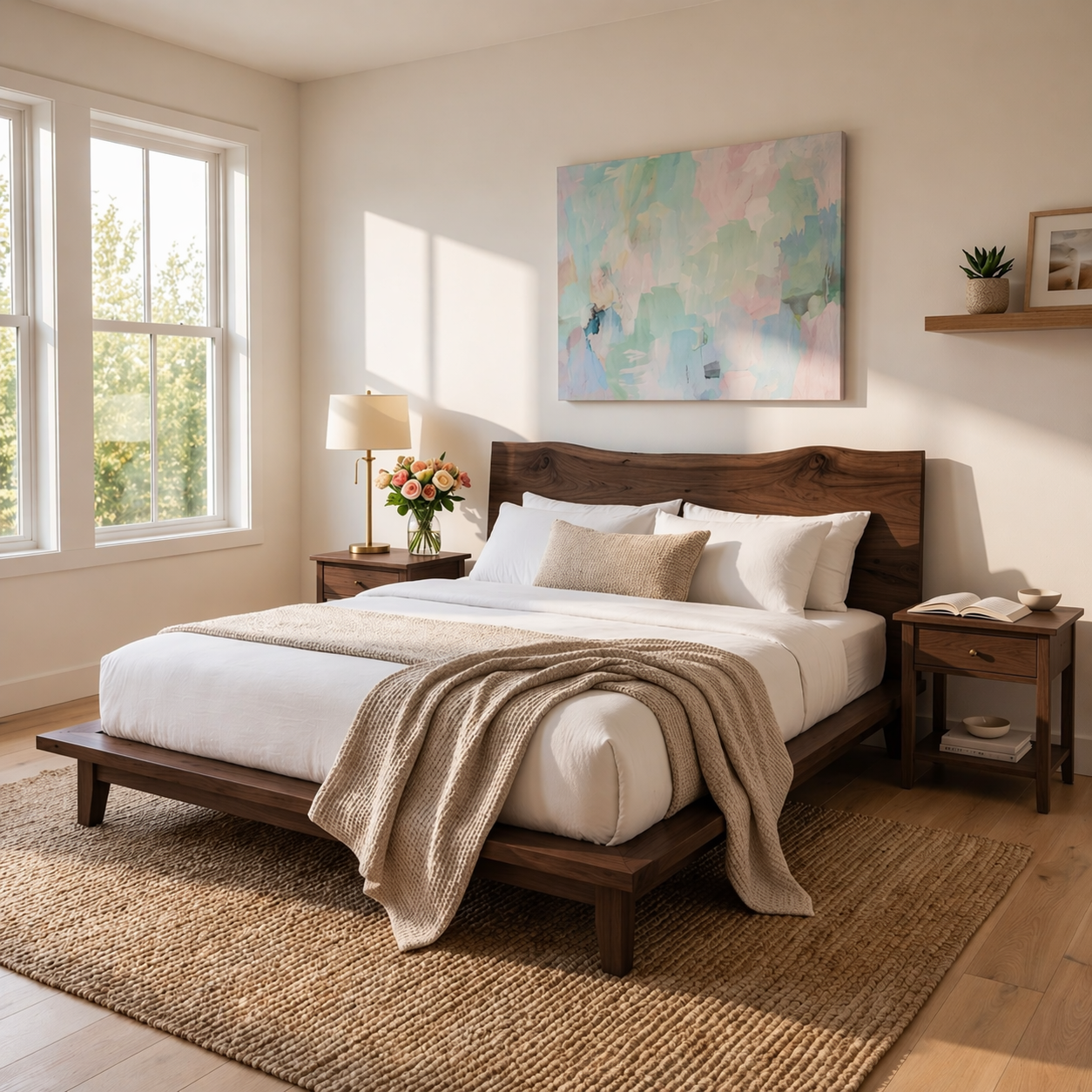Handcrafted Solid Wood Live Edge Platform Bed Frame, Organic Wavy Headboard Furniture