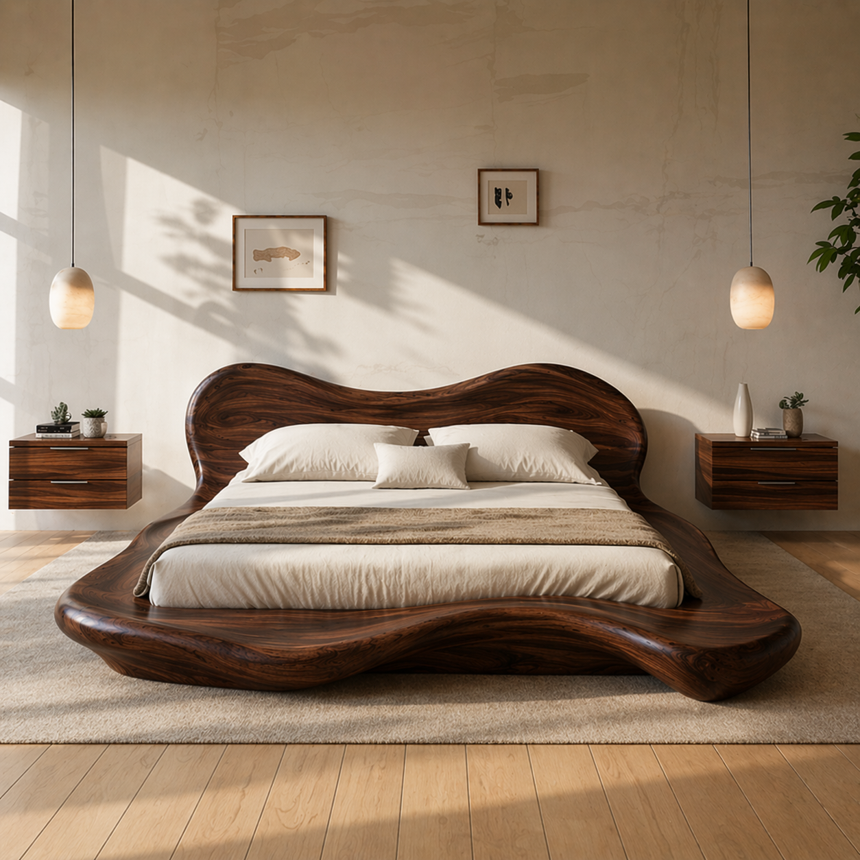 Handcrafted Solid Wood Sculptural Platform Bed, Organic Wavy Design Luxury Bed Frame