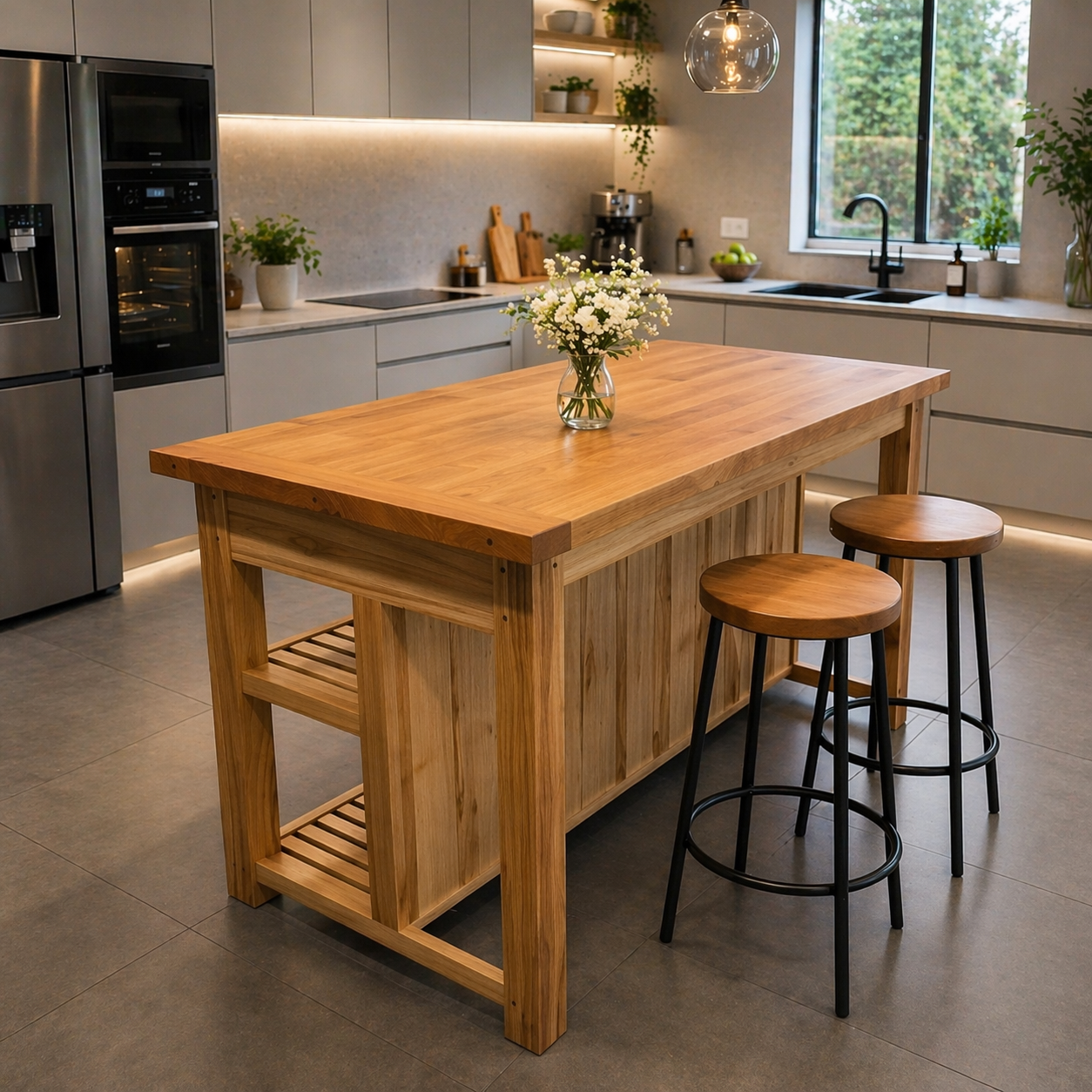 Solid Wood Kitchen Island Table with Storage Shelf – Rustic Modern Dining Island, Large Wooden Prep Table for Kitchen