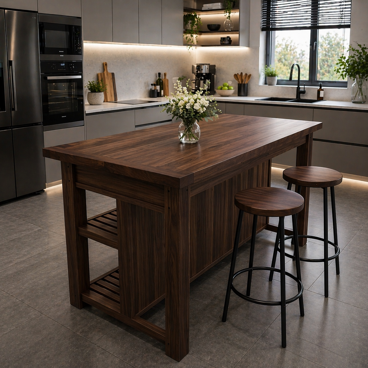 Solid Wood Kitchen Island Table with Storage Shelf – Rustic Modern Dining Island, Large Wooden Prep Table for Kitchen