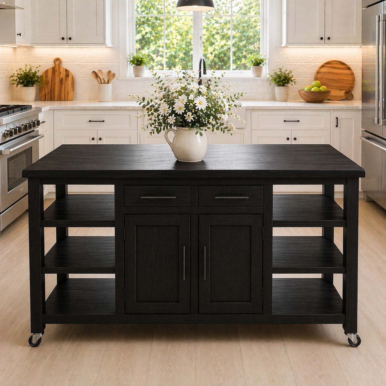 Solid Wood Kitchen Island with Storage & Shelves – Rustic Kitchen Cart, Rolling Prep Table with Drawers & Cabinet