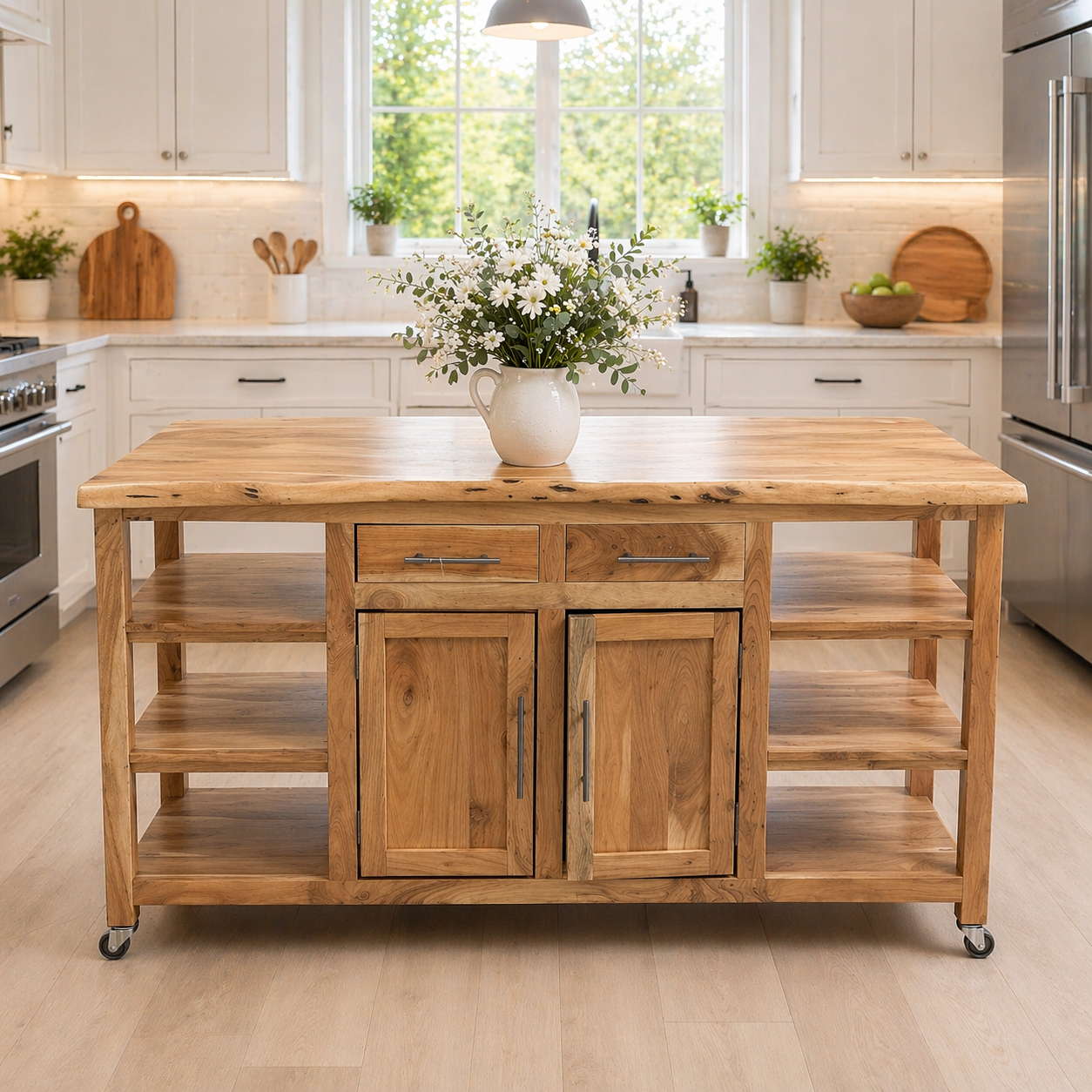 Solid Wood Kitchen Island with Storage & Shelves – Rustic Kitchen Cart, Rolling Prep Table with Drawers & Cabinet