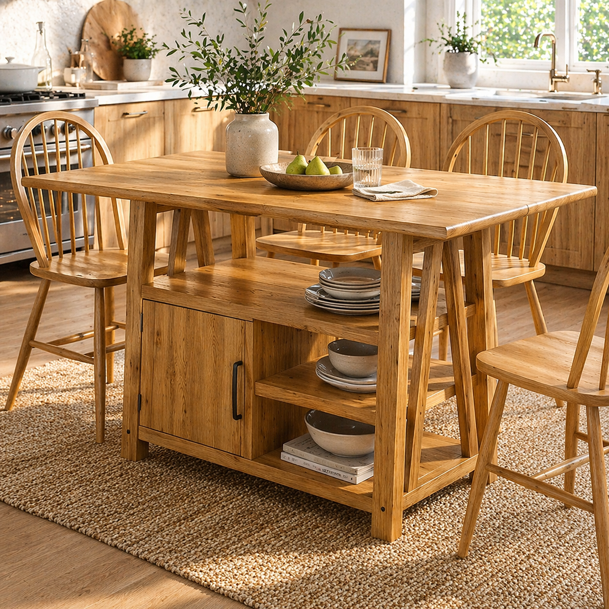 Solid Wood Dining Table with Storage Shelf – Rustic Walnut Kitchen Island Table, Wooden Dining Table with Cabinet