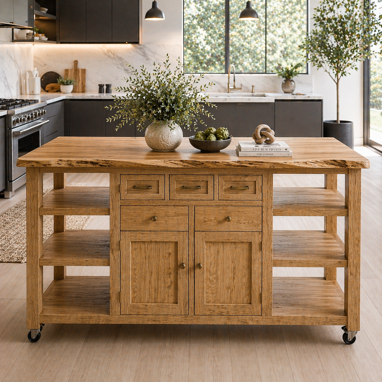 Solid Wood Kitchen Island with Storage & Shelves – Rustic Oak Kitchen Cart, Rolling Prep Table with Drawers & Cabinet