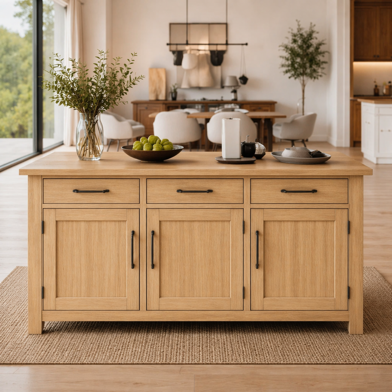 Solid Wood Kitchen Island with Cabinets & Drawers, Large Wooden Prep Table