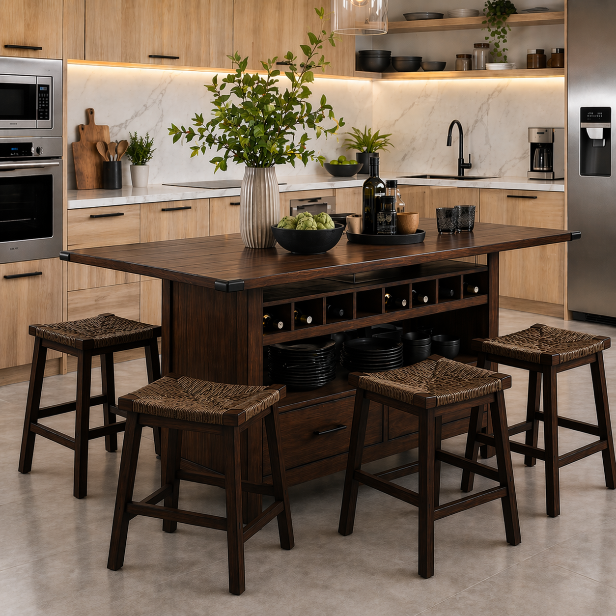 Solid Wood Kitchen Island with Wine Rack & Storage – Rustic Walnut Kitchen Table, Large Prep Island with Shelves & Drawer