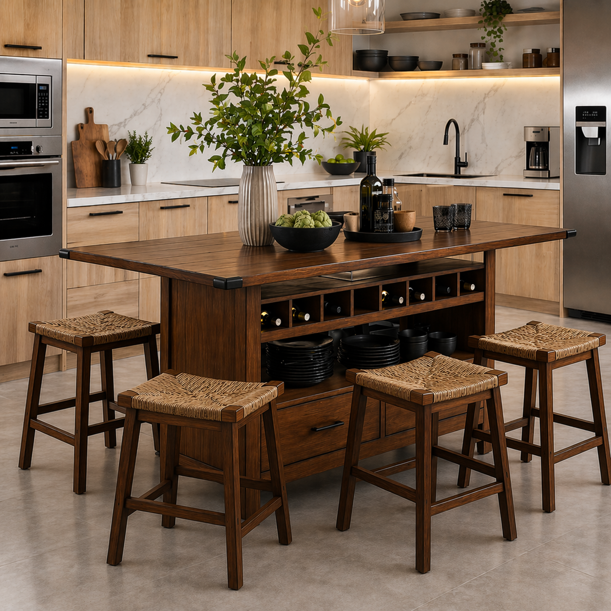 Solid Wood Kitchen Island with Wine Rack & Storage – Rustic Walnut Kitchen Table, Large Prep Island with Shelves & Drawer