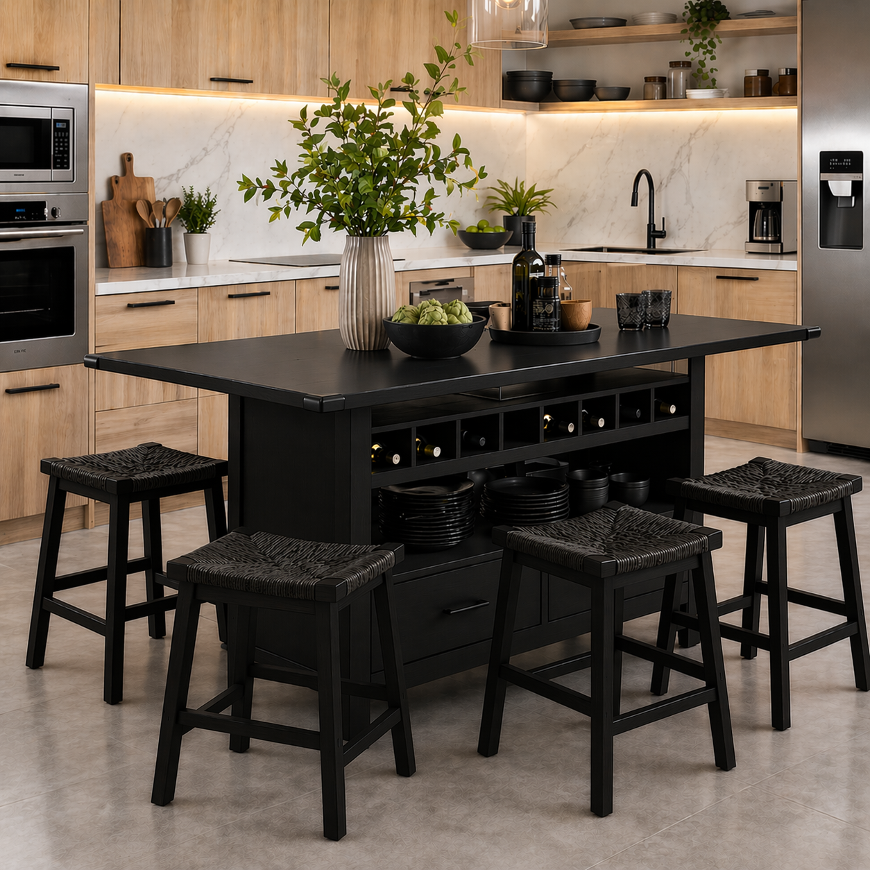 Solid Wood Kitchen Island with Wine Rack & Storage – Rustic Walnut Kitchen Table, Large Prep Island with Shelves & Drawer