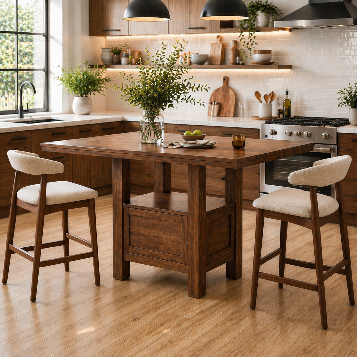 Solid Wood Kitchen Island Table with Storage Base – Walnut Dining Island Table, Rustic Modern Kitchen Table