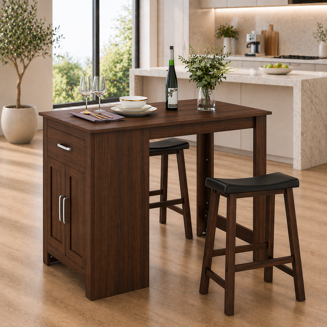 Solid Wood Kitchen Island Table with Cabinet – Walnut Dining Table with Storage, Compact Rustic Kitchen Island