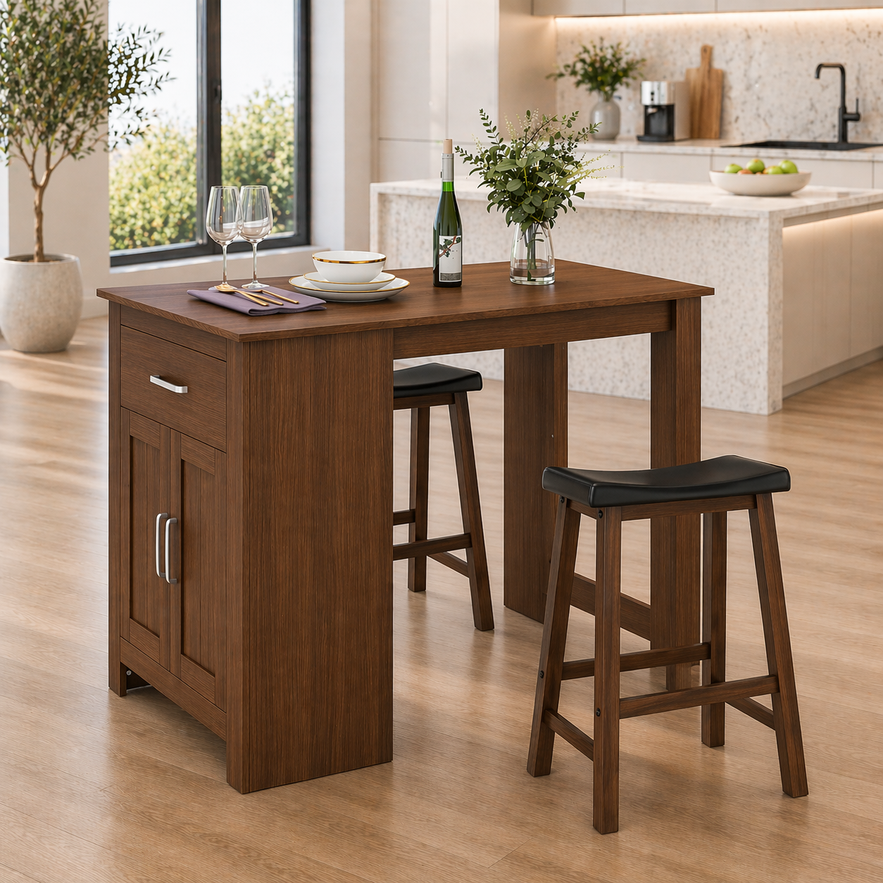 Solid Wood Kitchen Island Table with Cabinet – Walnut Dining Table with Storage, Compact Rustic Kitchen Island