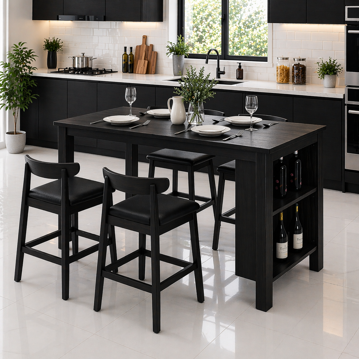 Solid Wood Kitchen Island Dining Table with Wine Rack – Oak Kitchen Table with Storage, Modern Minimalist Dining Island