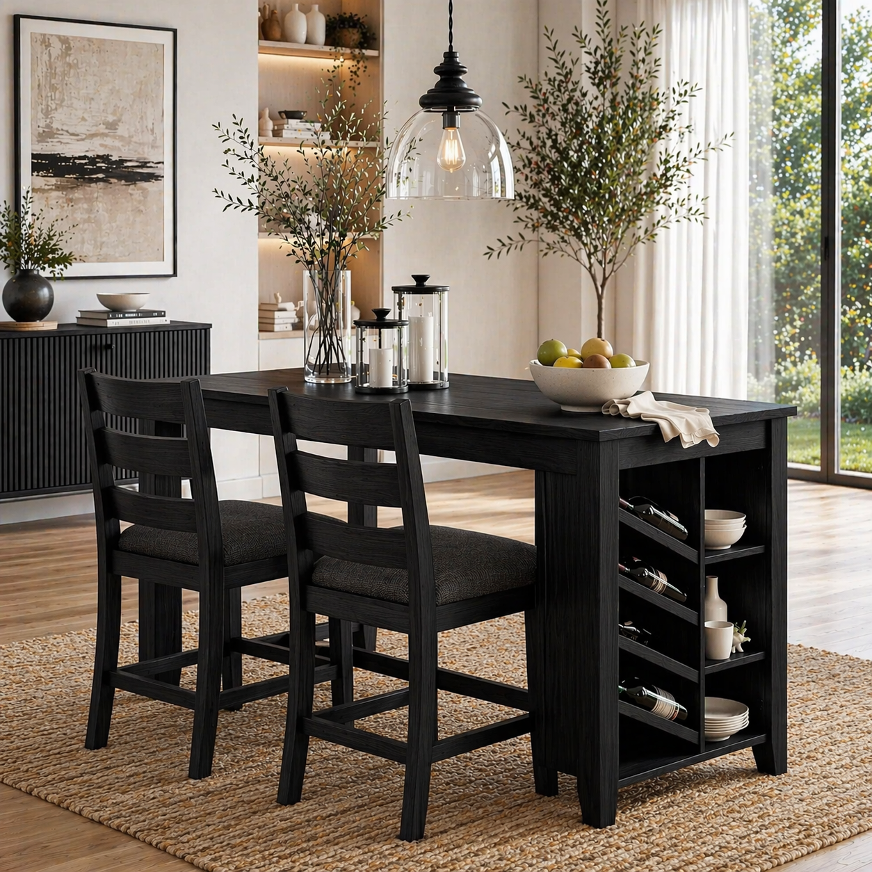 Solid Wood Dining Table with Wine Rack – Rustic Oak Kitchen Island Table, Wooden Dining Table with Storage