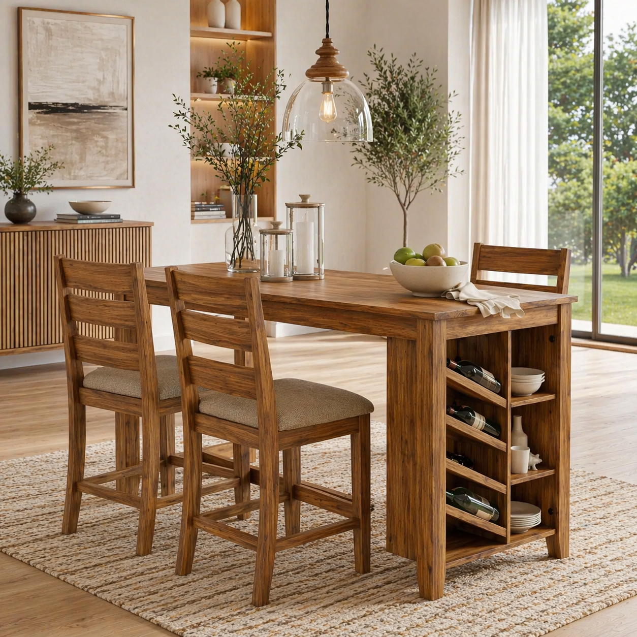 Solid Wood Dining Table with Wine Rack – Rustic Oak Kitchen Island Table, Wooden Dining Table with Storage