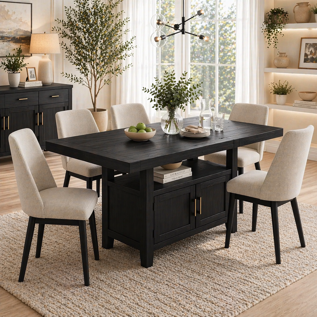 Solid Wood Dining Table with Storage Cabinet – Rustic Oak Dining Table, Kitchen Island Table with Shelves