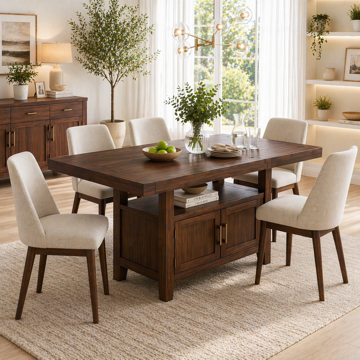 Solid Wood Dining Table with Storage Cabinet – Rustic Oak Dining Table, Kitchen Island Table with Shelves