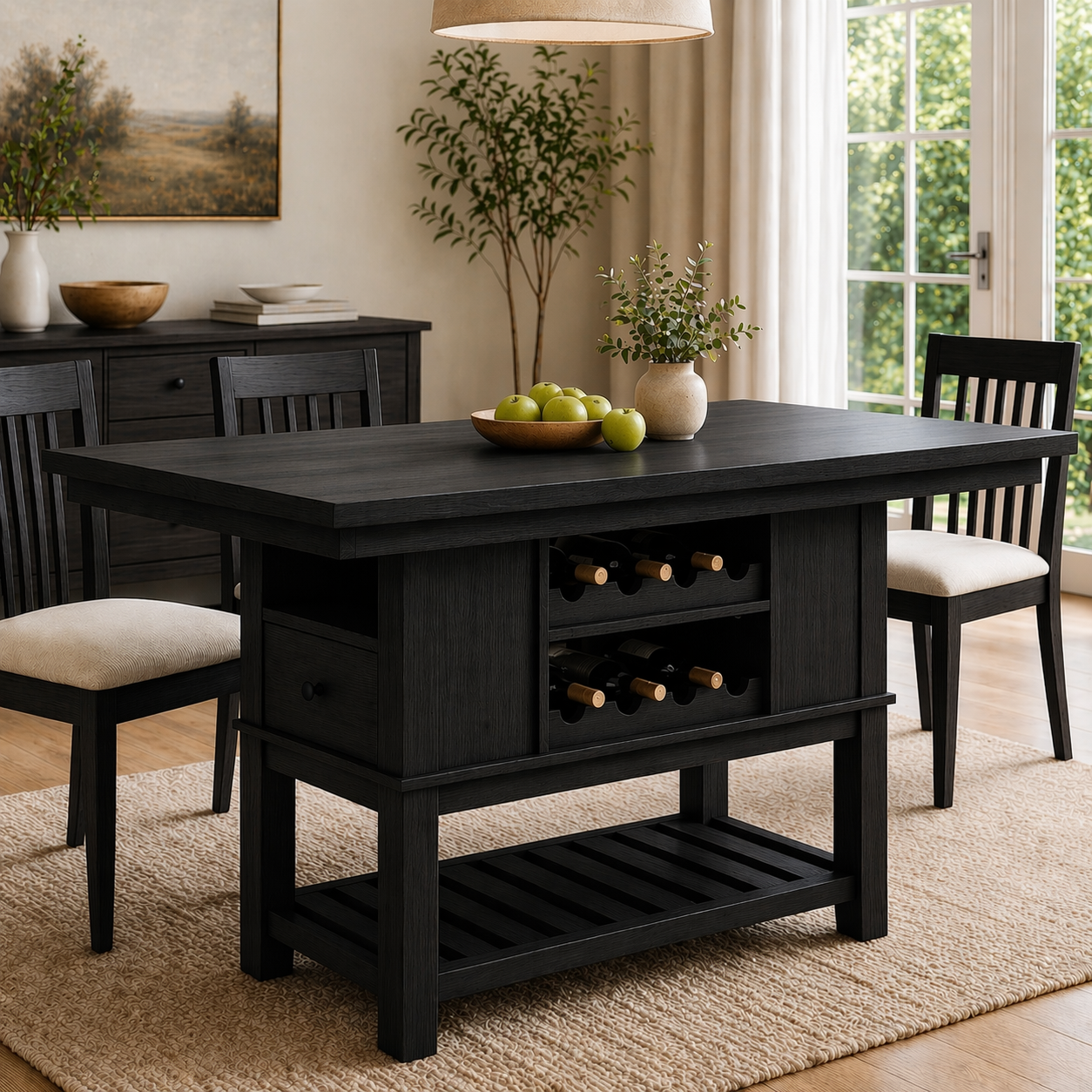 Solid Wood Kitchen Island with Wine Rack & Shelf – Dining Table with Storage, Modern Farmhouse Kitchen Island