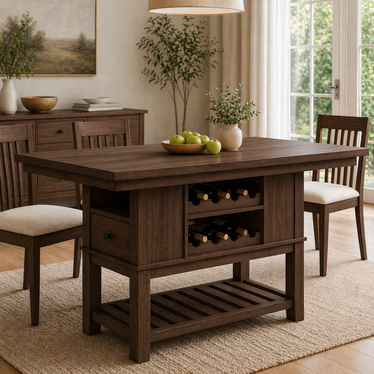 Solid Wood Kitchen Island with Wine Rack & Shelf – Dining Table with Storage, Modern Farmhouse Kitchen Island