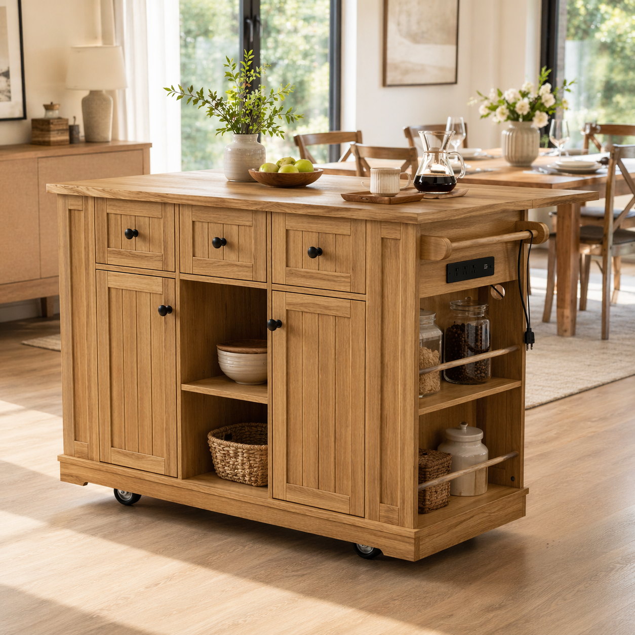 Solid Wood Kitchen Island with Storage & Power Outlet – Oak Rolling Kitchen Cart with Drawers, Cabinets & Shelves