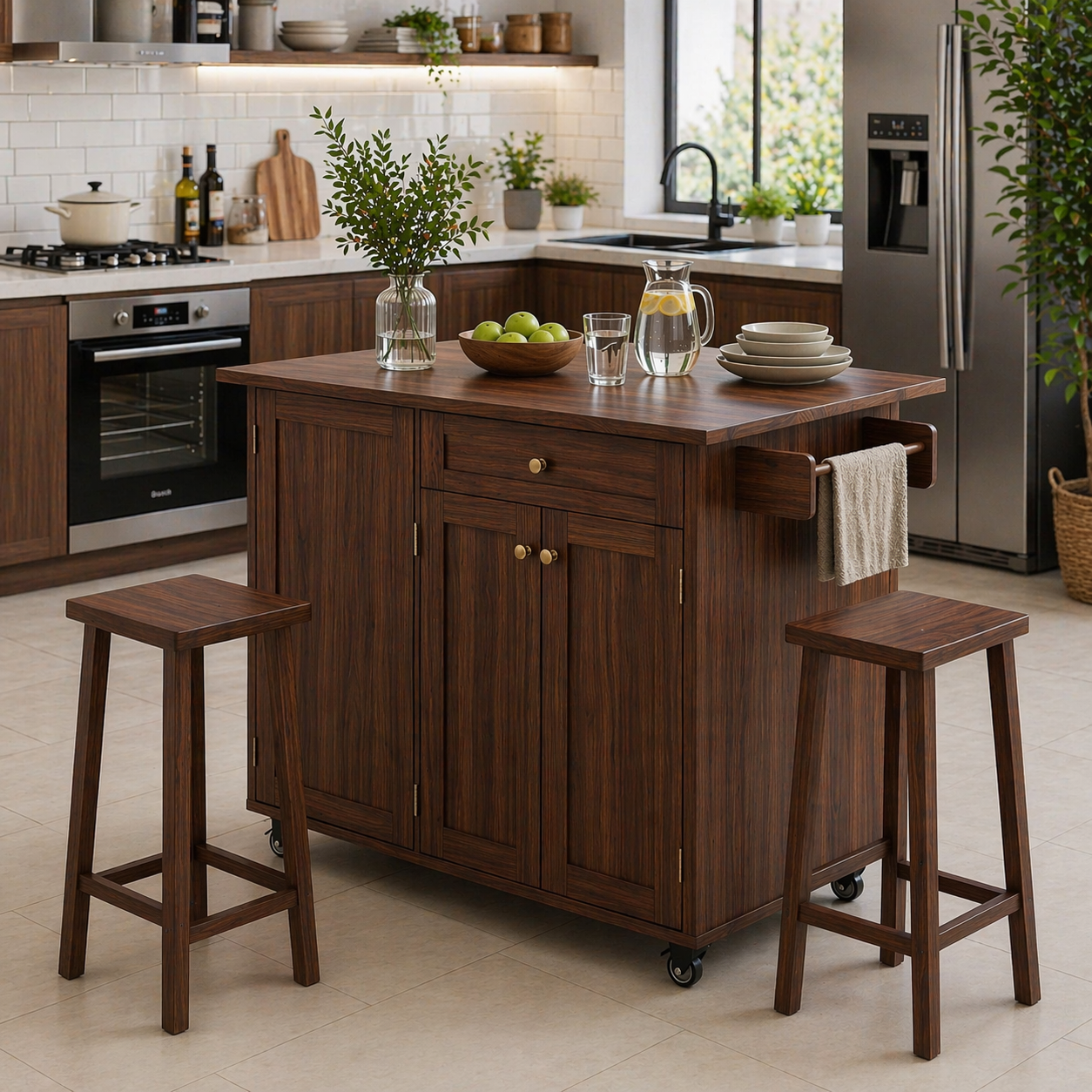 Solid Wood Kitchen Island with Seating – Walnut Rolling Storage Table with Cabinet & Towel Bar
