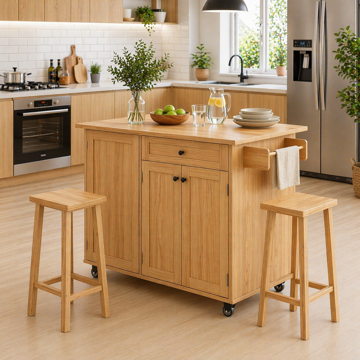 Solid Wood Kitchen Island with Seating – Walnut Rolling Storage Table with Cabinet & Towel Bar