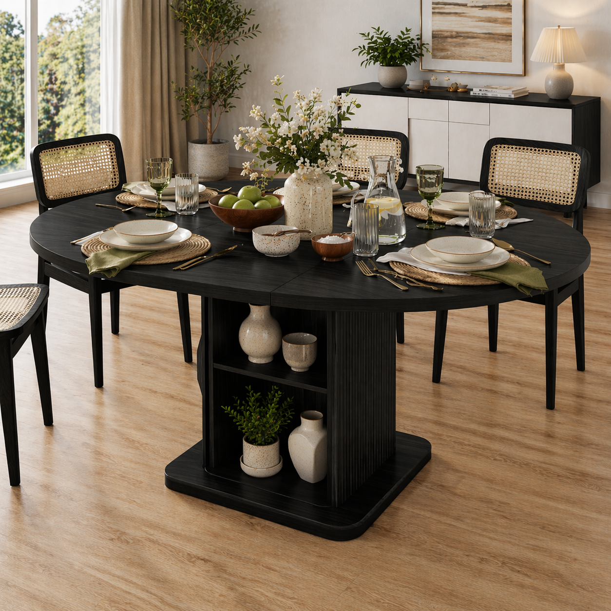 Extendable Round Solid Wood Dining Table – Walnut Pedestal Table with Storage Base