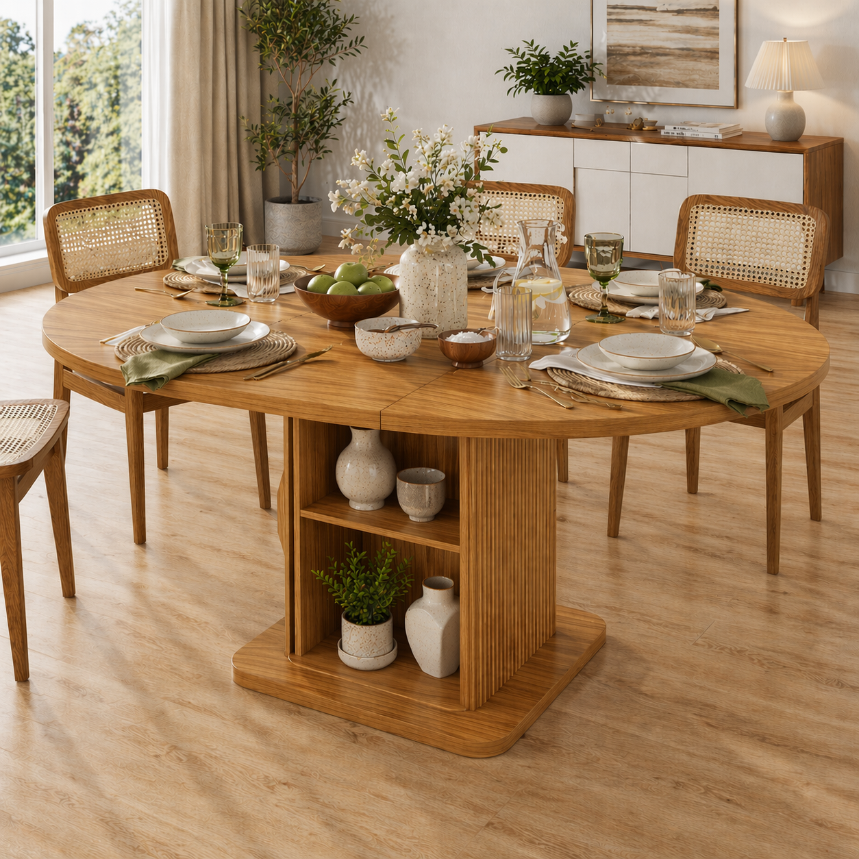 Extendable Round Solid Wood Dining Table – Walnut Pedestal Table with Storage Base